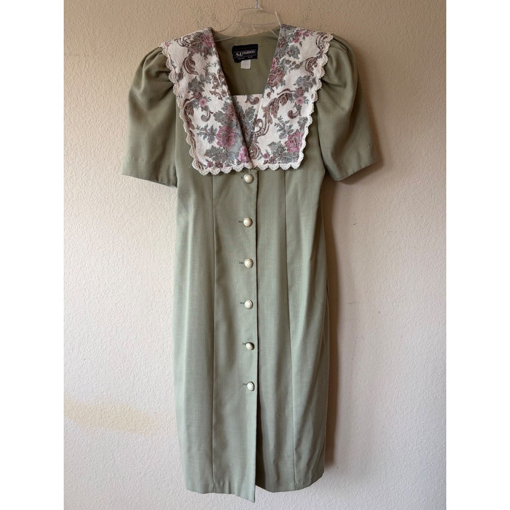 Vintage SL Fashions 80s Sage Green Floral Tapestry Collar Dress Size 14 4950